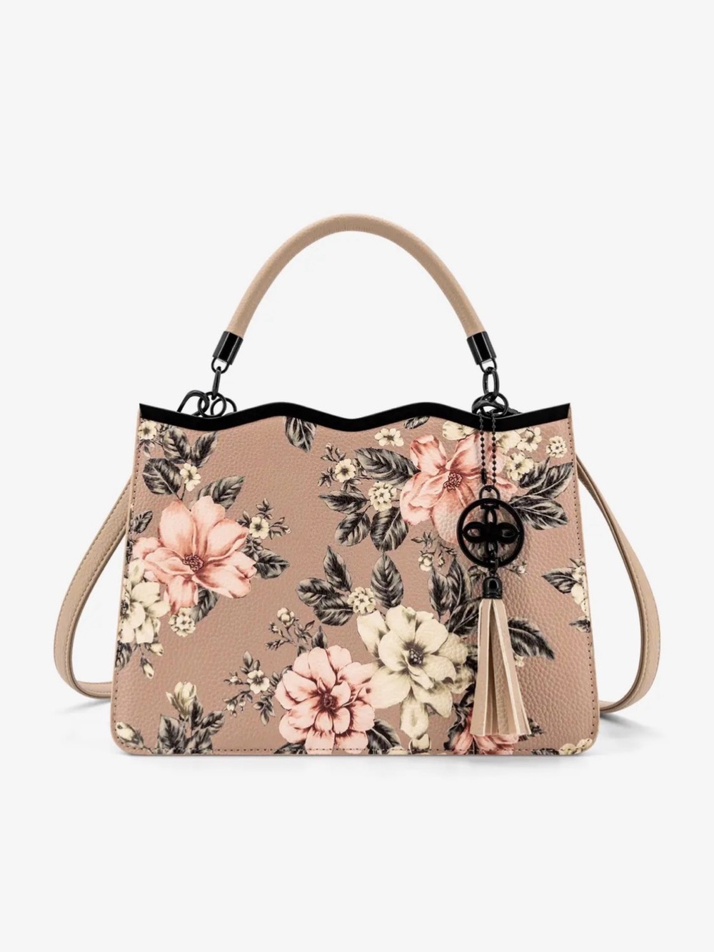 Floral Tassel Top-Handle Satchel in Beige
